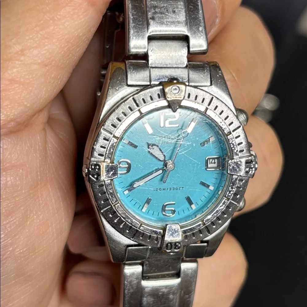 Vintage Guess Tiffany Blue Dial Stainless Steel Silver Waterpro Watch Needs 🔋